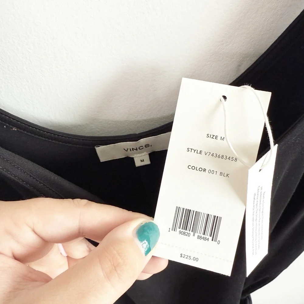 NEW VINCE Black Pima Cotton Stretch Midi Tie Dress Size Medium - Picture 4 of 6